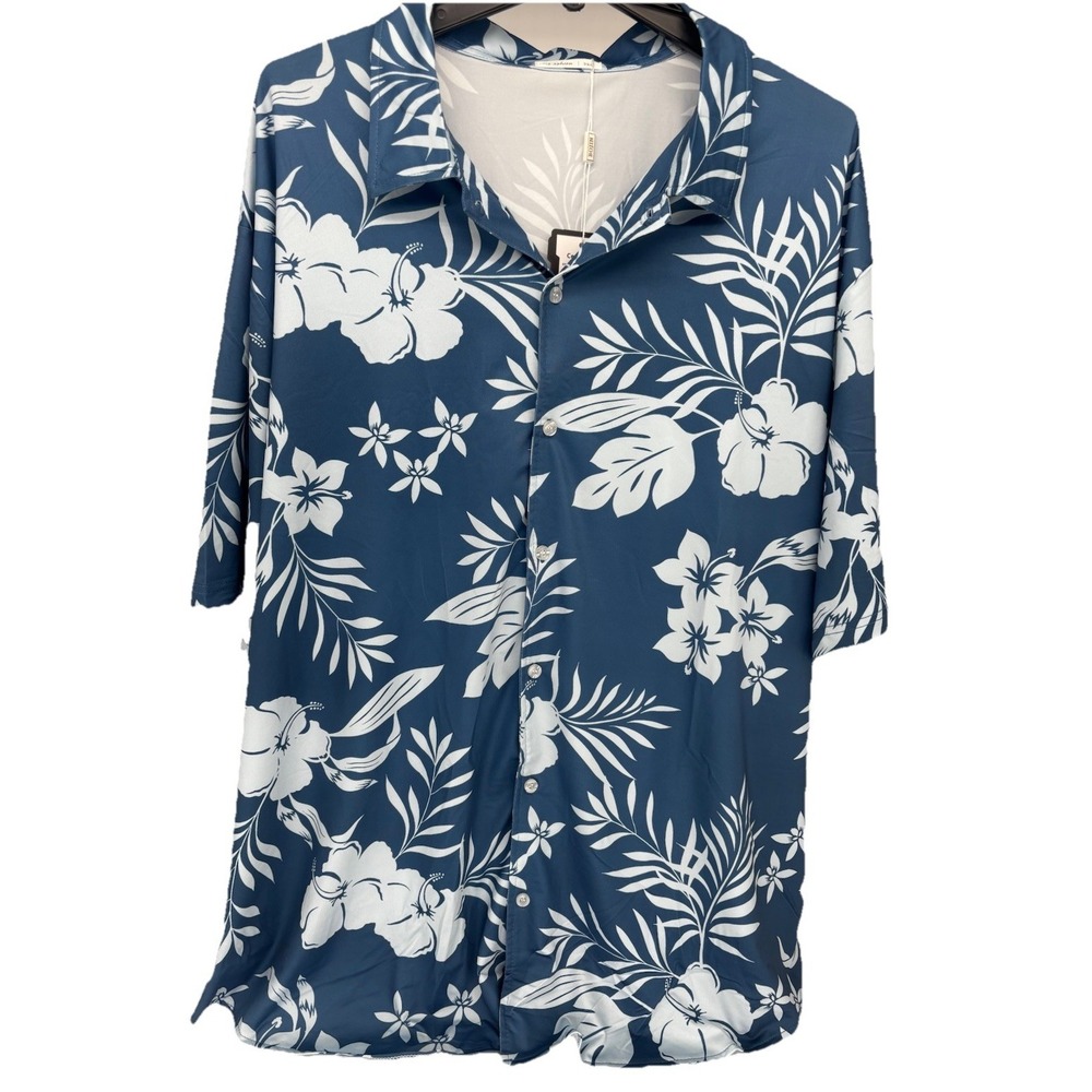 BOJIN Men's 3XL Short Sleeve Hawaiian Floral Blue White Button Shirt Chic New